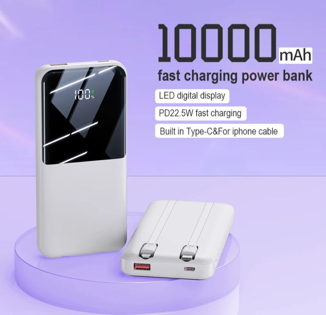 10000mAh Power Bank Dual Cord Type C Cables Digital Display 12V Charger