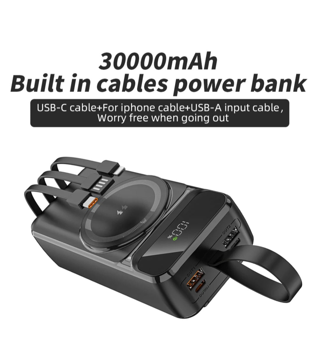 30000mAh Digital Display power Bank with built in 4 different 15W Cable Fast Charger PD22.5W