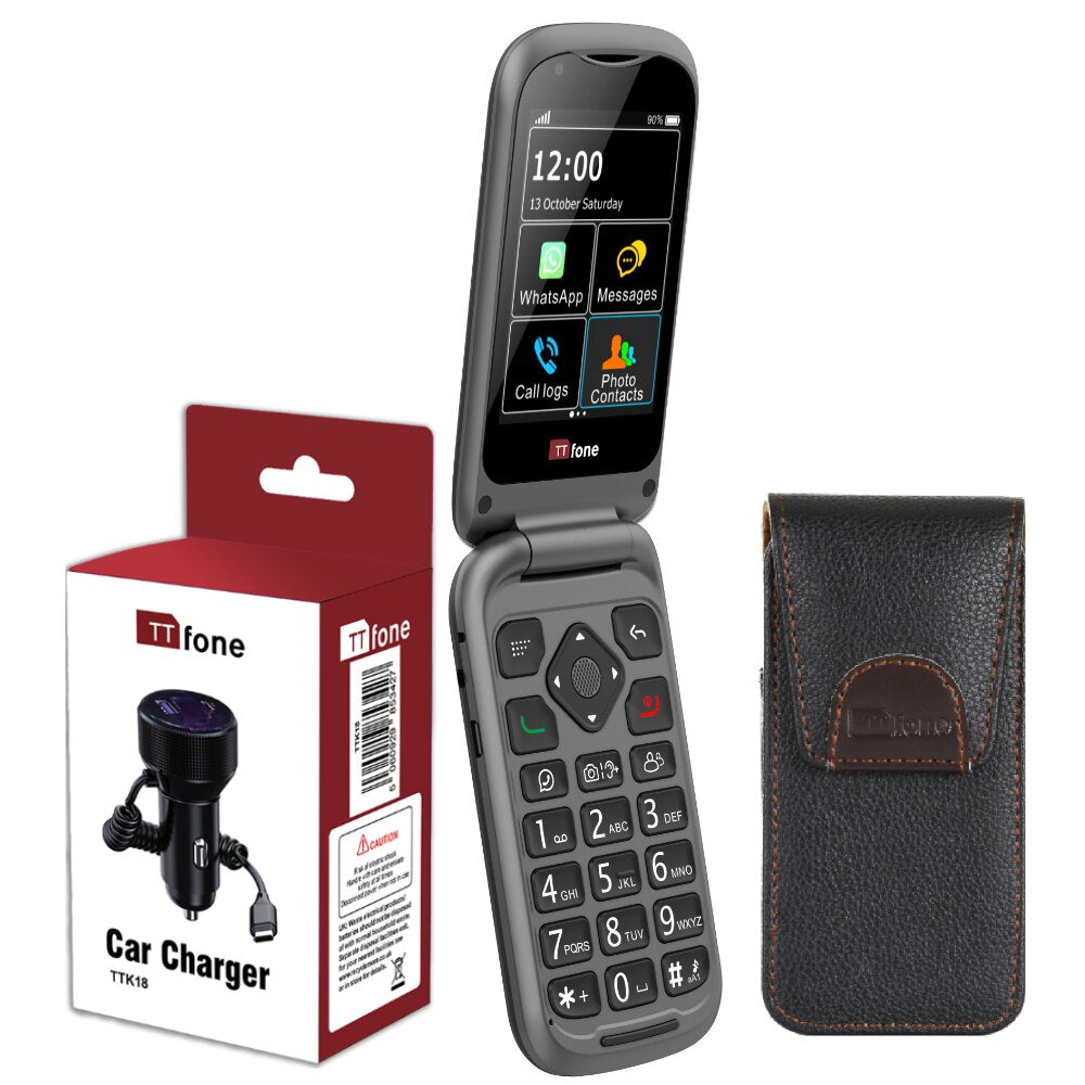 Bundle offer for TTfone TT970 4G WhatsApp Flip Big Button Senior Mobile with Nylon Holster Case (TTCB9) and Car Charger (TTCC), EE Pay As You Go