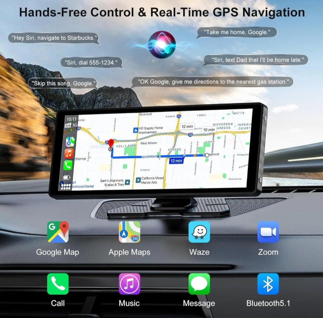 Portable 10.26" HD Touchscreen CarPlay Navigation - Universal Wireless Car Stereo GPS Voice Control for Apple and Android