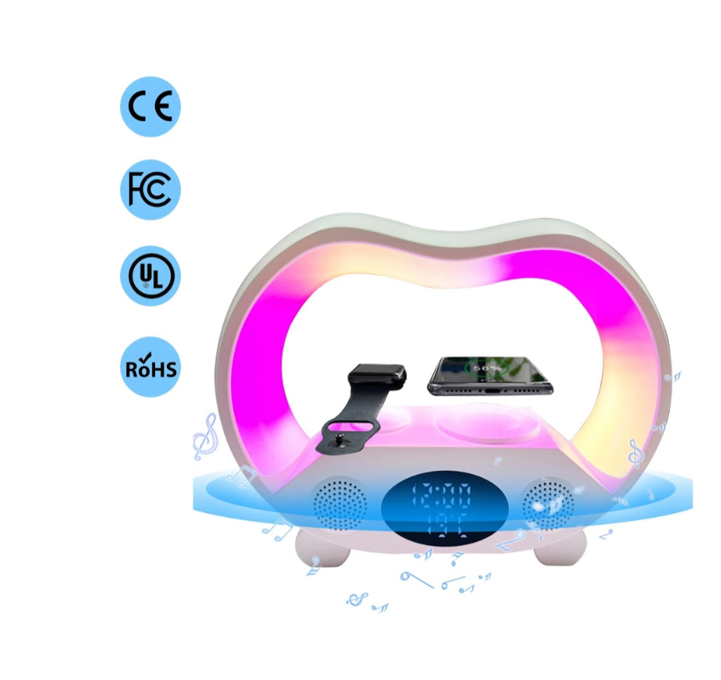 Smart G-Shaped Lamp - 5-in-1 RGB Alarm Clock Speaker Wireless Charger