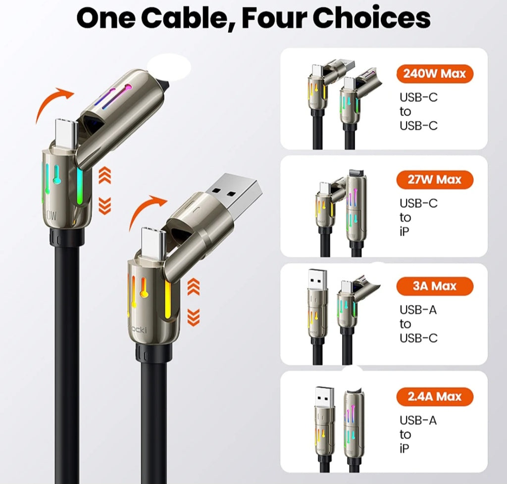 4-in-1 Multi USB Cable - 240W Fast Charging with LED Light