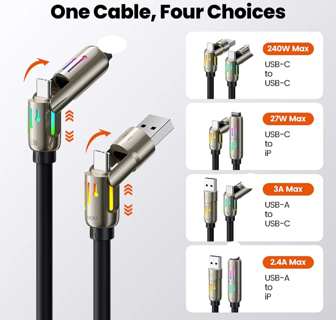 4-in-1 Multi USB Cable - 240W Fast Charging with LED Light