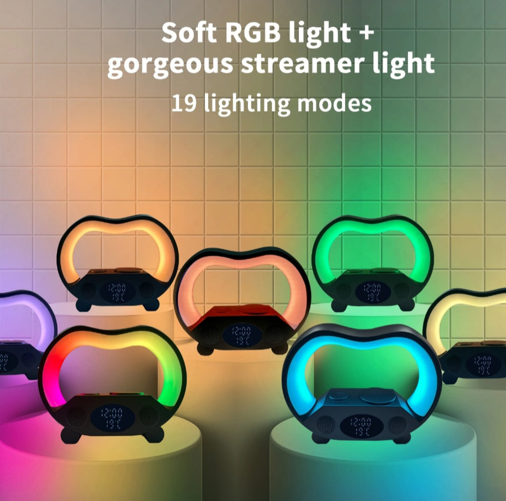 Smart G-Shaped Lamp - 5-in-1 RGB Alarm Clock Speaker Wireless Charger