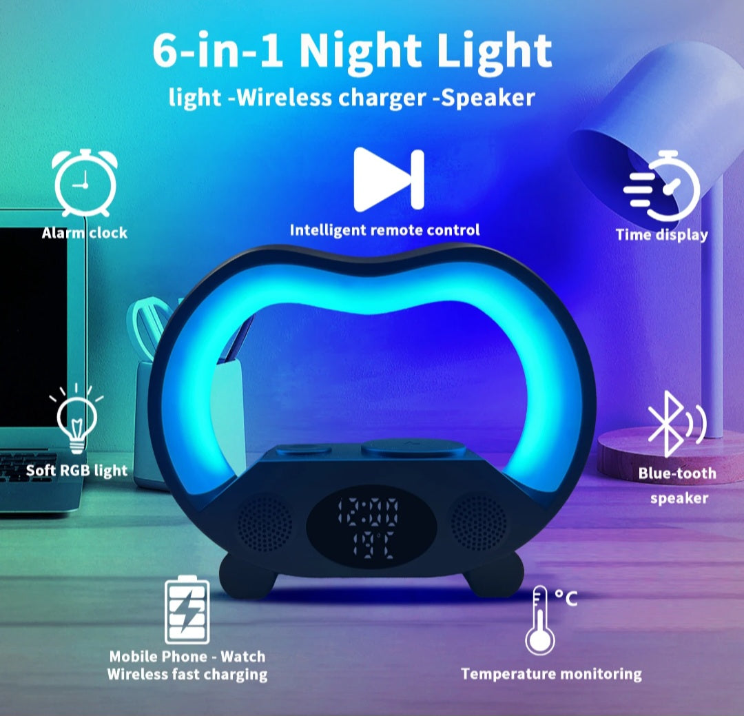 Smart G-Shaped Lamp - 5-in-1 RGB Alarm Clock Speaker Wireless Charger